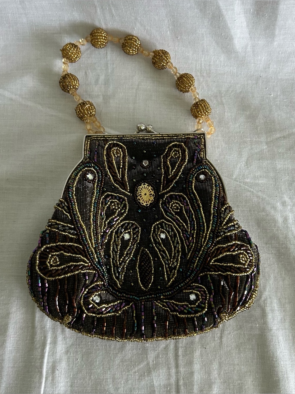 Vintage Art Deco Style Beaded Evening Bag Flapper Paisley Brown Gold Purse